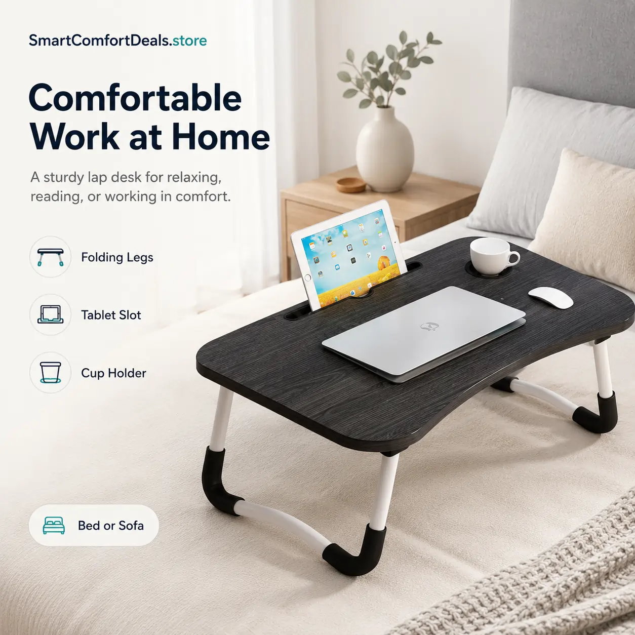 Adjustable Lap Desk – Foldable Bed & Sofa Laptop Tray with Tablet Slot and Cup Holder