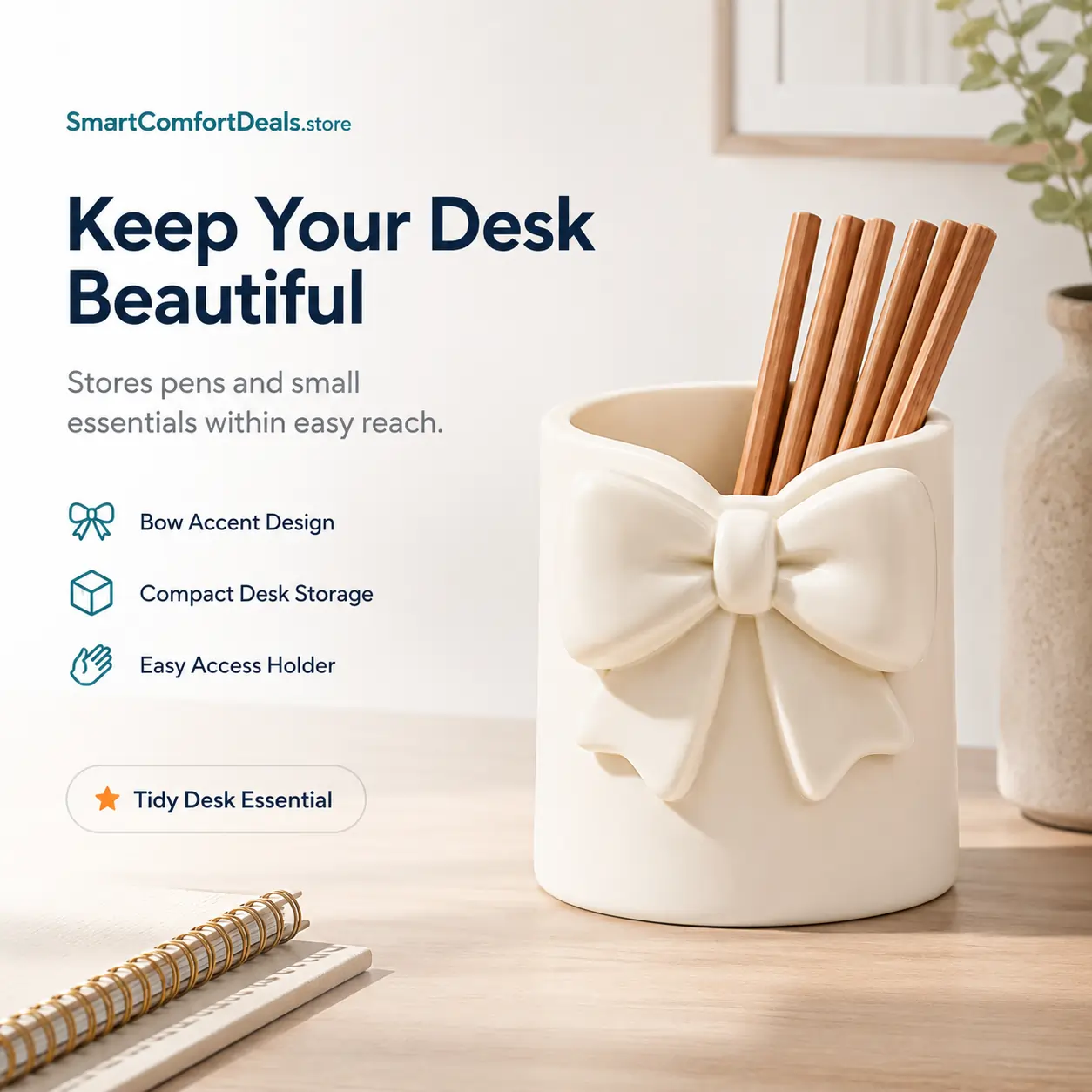 Bow Accent Pen & Pencil Holder – Compact Desk Organizer for Small Essentials