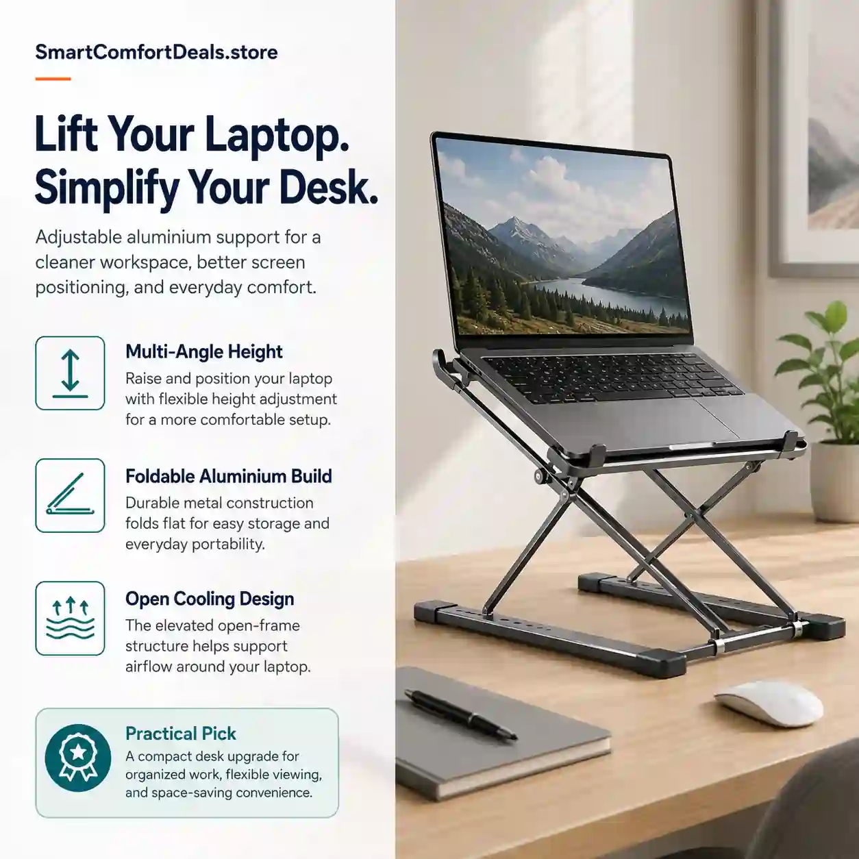 Adjustable Aluminum Laptop Stand – Foldable Ergonomic Desk Riser with Cooling Support