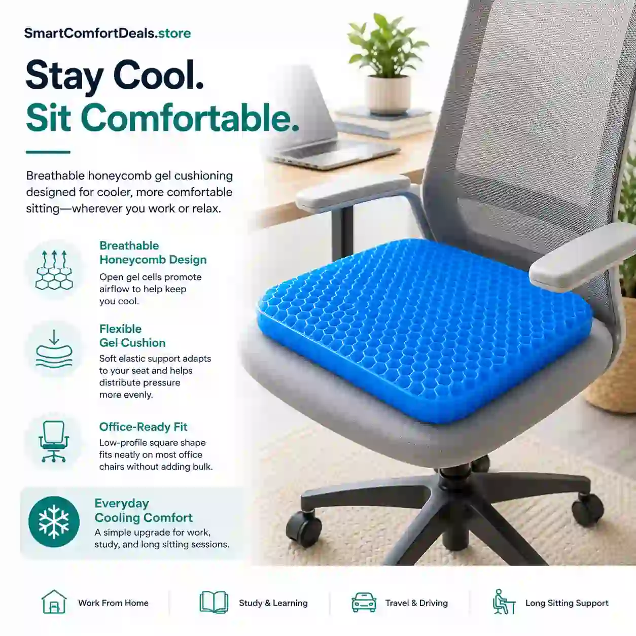 Breathable Honeycomb Gel Seat Cushion – Cooling Support for Office, Home & Car