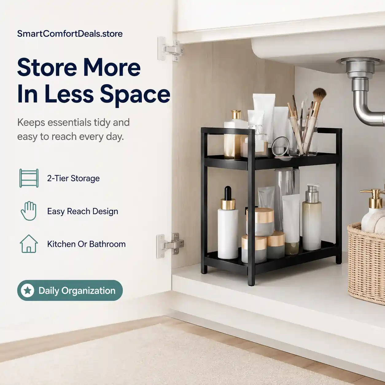 2-Tier Under Sink Organizer Rack – Space-Saving Storage Shelf for Kitchen & Bathroom