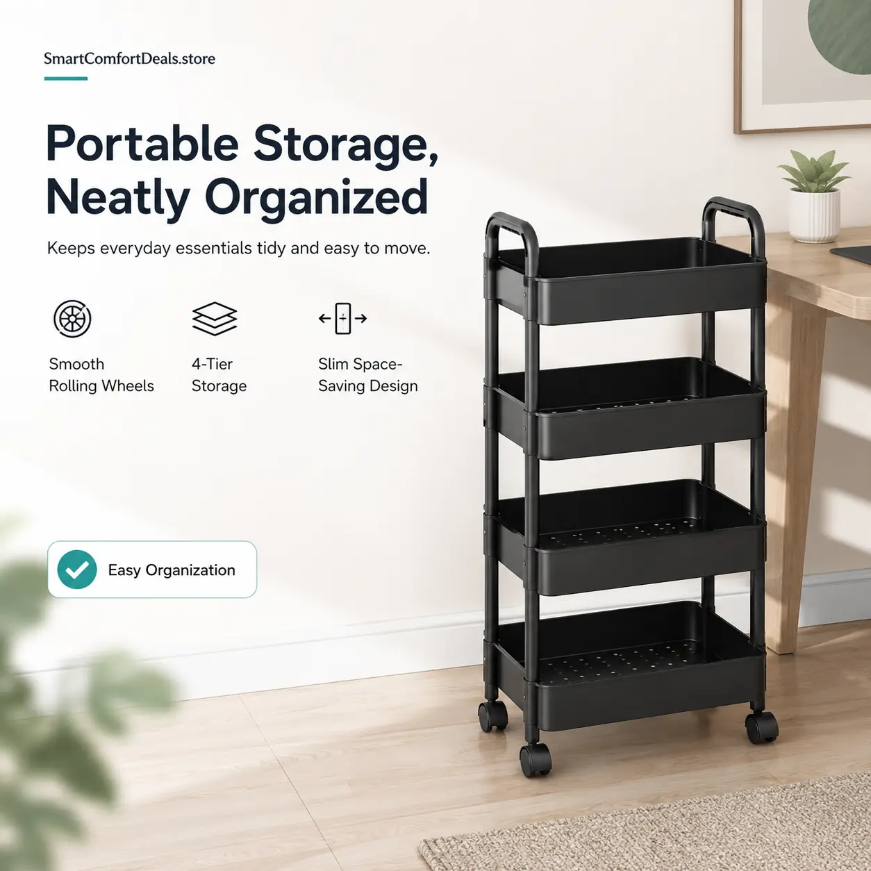 4-Tier Rolling Cart – Portable Storage Trolley with Smooth Wheels