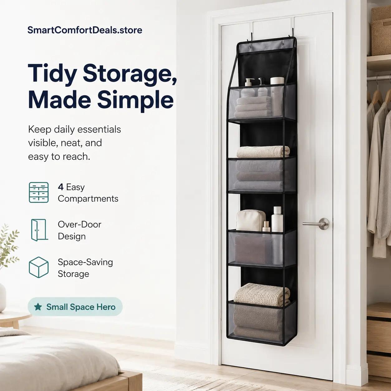 Over-Door Hanging Organizer – 6-Compartment Storage Rack for Closets & Doors