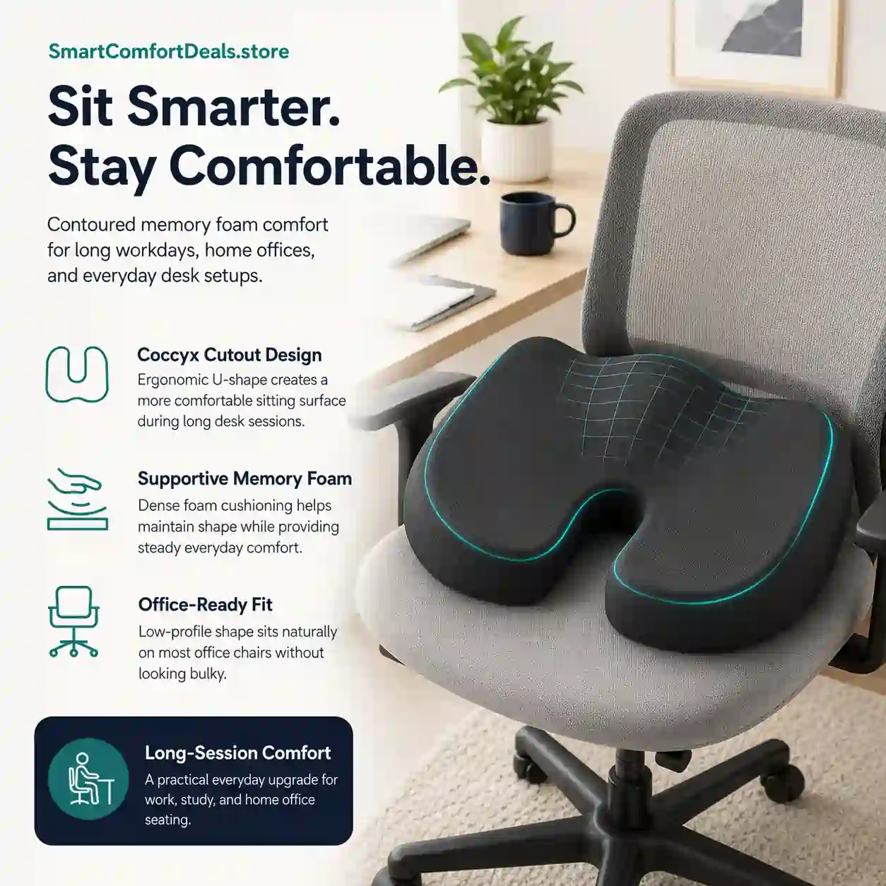 Ergonomic Coccyx Memory Foam Seat Cushion – U-Shaped Support Cushion for Office & Home Chairs