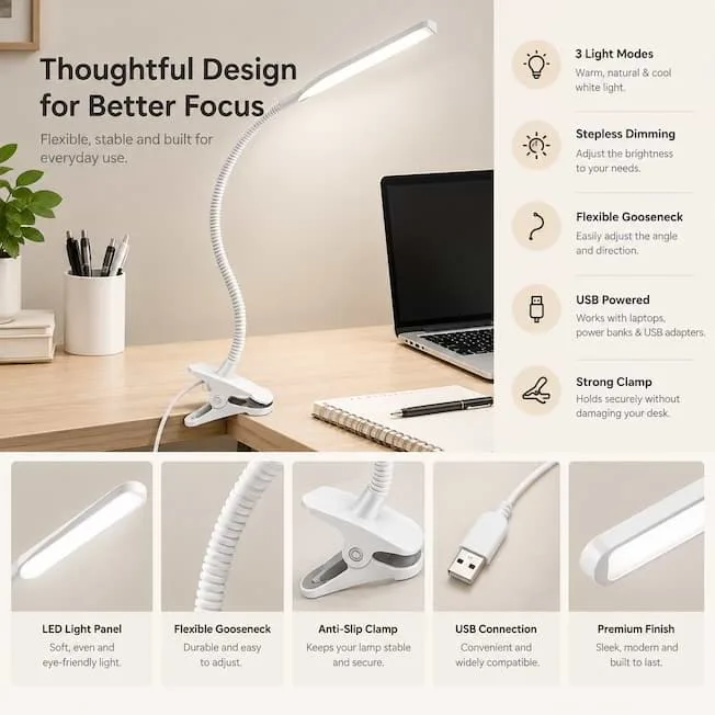 Clamp-Mounted Swing Arm Lamp – Flexible Desk Light for Work - Desk Setup - main product photo - comfort deal