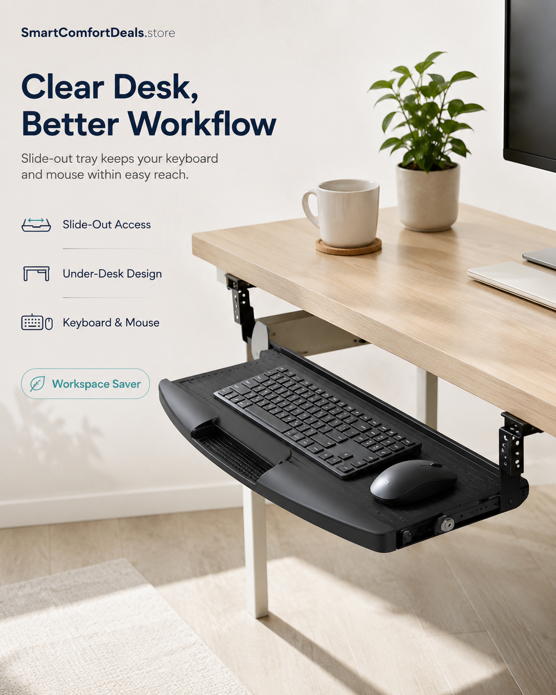 Slide-Out Keyboard Tray – Under-Desk Pull-Out Keyboard & Mouse Tray for Workspace Organization