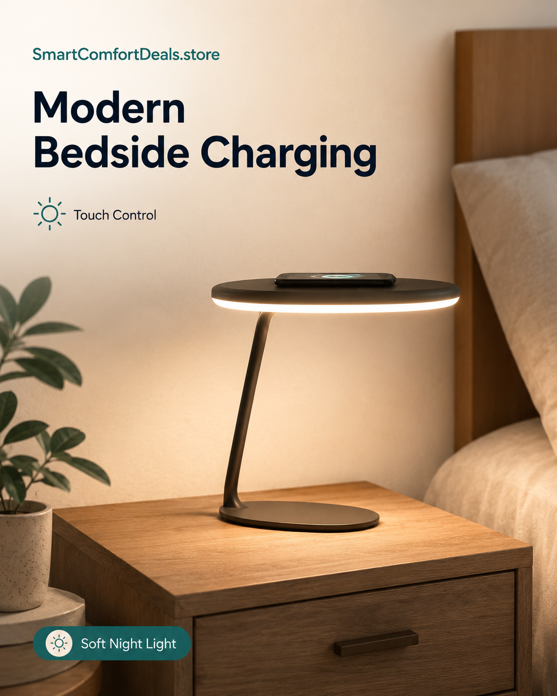 Wireless Charging LED Desk Lamp – Touch Control, Warm Light