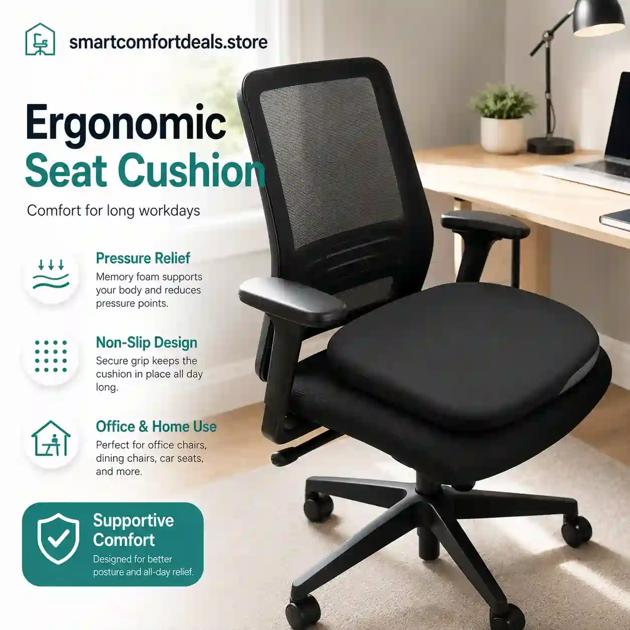 Ergonomic Memory Foam Seat Cushion – Non-Slip Support for Office, Home & Car